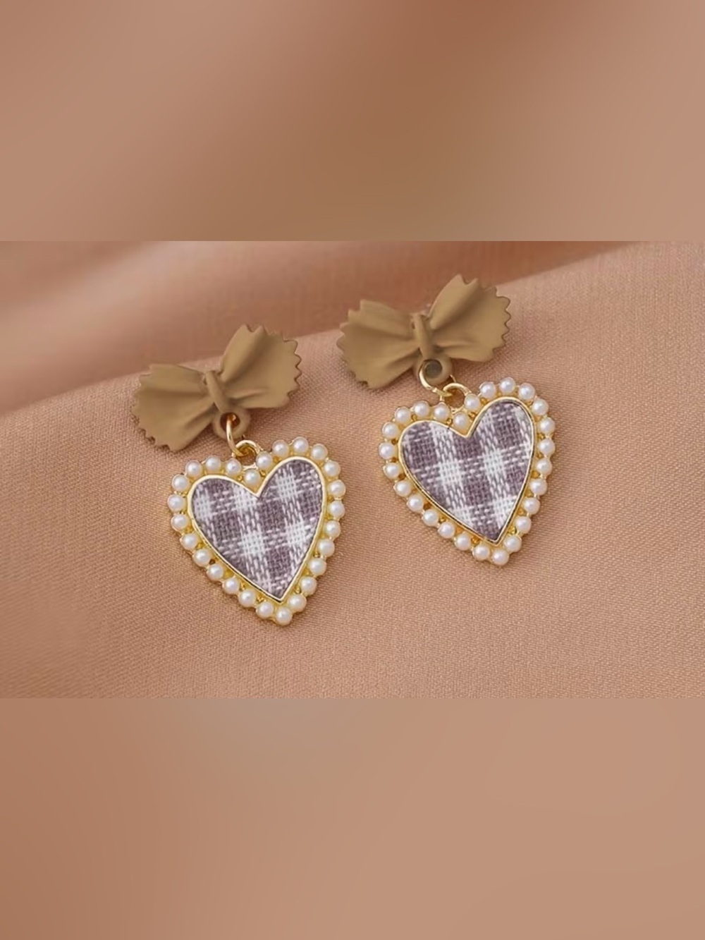 Bow & Pearl Heart Drop Earrings - Plaid Heart-New